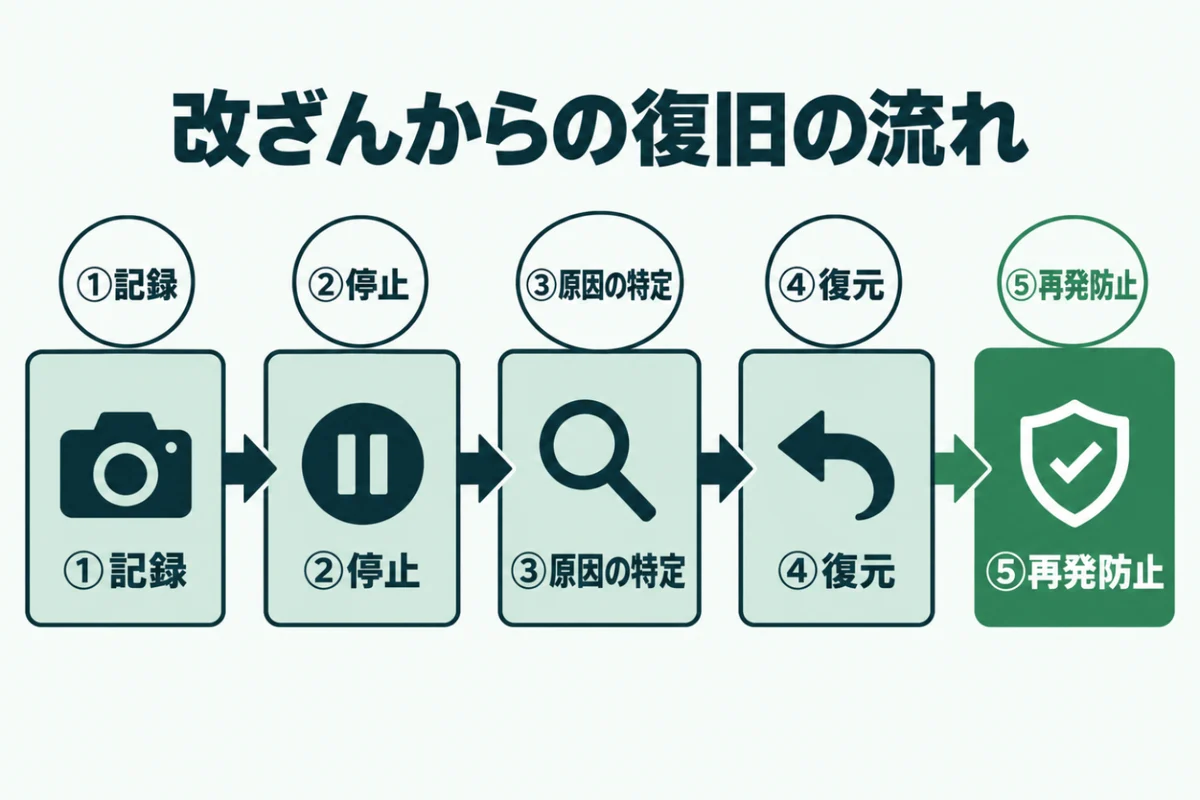 ホームページの改ざんからの復旧を、記録、停止、原因の特定、復元、再発防止の5つの段階で左から右へ進める流れとして示した図