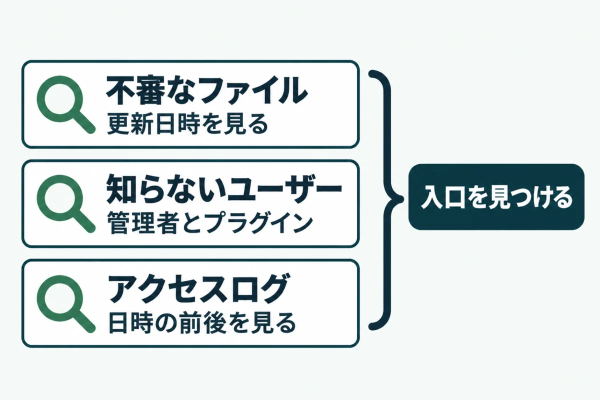 ホームページの改ざんの原因を探す方法として、不審なファイルと変更日時、見覚えのないユーザーやプラグイン、サーバーのアクセスログの3か所を虫眼鏡で確かめる様子を縦に並べた図