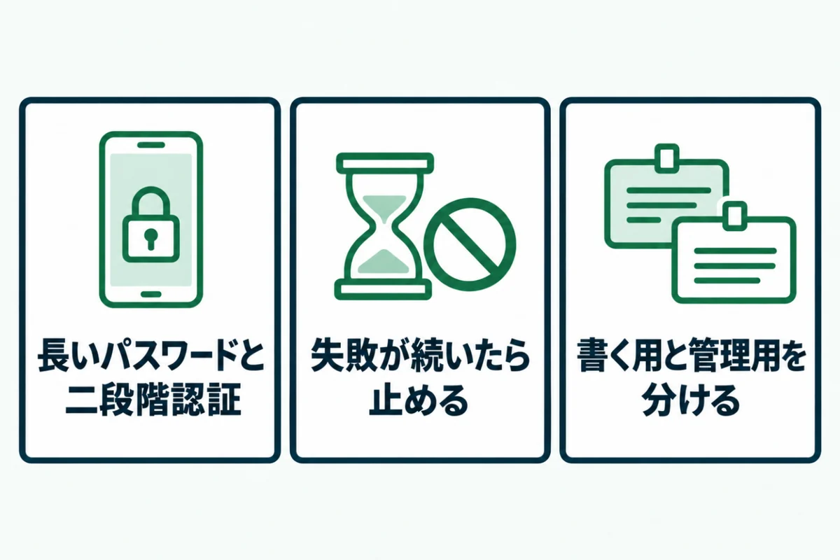 ユーザー名が漏洩しても破られないための備えとして、長いパスワードと二段階認証、ログインの失敗が続いたら止める仕組み、記事を書くアカウントと管理用のアカウントを分ける、の3つを横に並べたカードで示した図